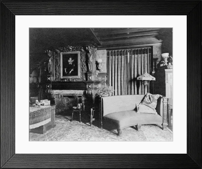 Framed Print : Study with portrait of woman in Elizabethan dress, over fireplace... Greenwich, Connecticut, 1908. Creator: Frances Benjamin Johnston Framed Print : Study with portrait of woman in Elizabethan dress, over fireplace... Greenwich, Connecticut, 1908. Creator: Frances Benjamin Johnston