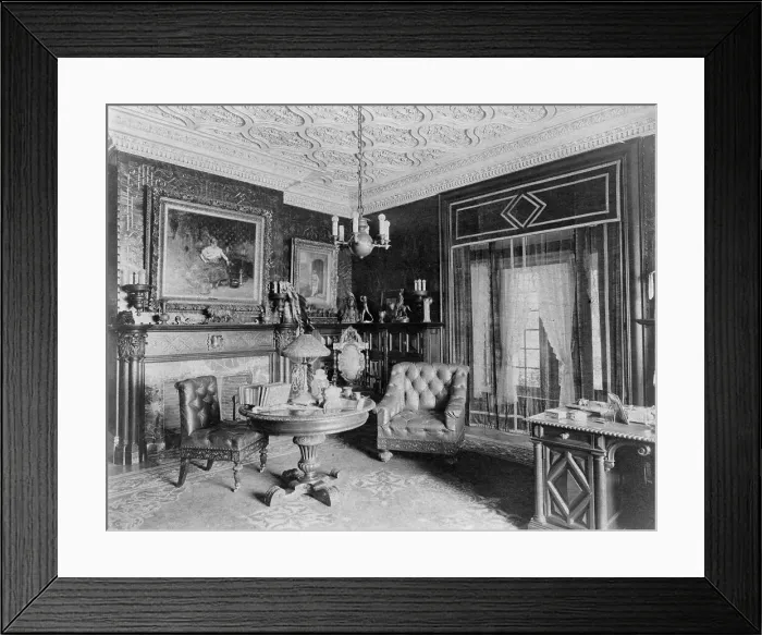 Framed Print : Room with plasterwork ceiling, fireplace, and circular table.. Greenwich, Connecticut, 1908. Creator: Frances Benjamin Johnston Framed Print : Room with plasterwork ceiling, fireplace, and circular table.. Greenwich, Connecticut, 1908. Creator: Frances Benjamin Johnston