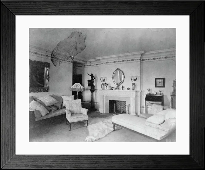 Framed Print : Bedroom with fireplace, padded chaise longue, sofa, male nude... Greenwich, Connecticut, 1908. Creator: Frances Benjamin Johnston Framed Print : Bedroom with fireplace, padded chaise longue, sofa, male nude... Greenwich, Connecticut, 1908. Creator: Frances Benjamin Johnston