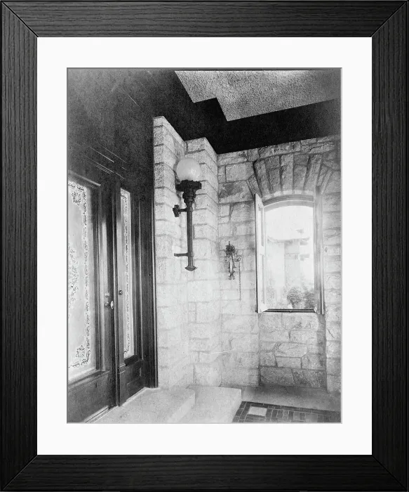 Framed Print : Entrance with etched glass door at left, sconce, and open window... Greenwich, Connecticut, 1908. Creator: Frances Benjamin Johnston Framed Print : Entrance with etched glass door at left, sconce, and open window... Greenwich, Connecticut, 1908. Creator: Frances Benjamin Johnston