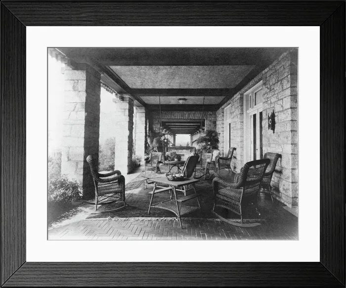 Framed Print : Porch of E.C. Converse house, with wicker furniture, Greenwich, Connecticut, 1908. Creator: Frances Benjamin Johnston Framed Print : Porch of E.C. Converse house, with wicker furniture, Greenwich, Connecticut, 1908. Creator: Frances Benjamin Johnston