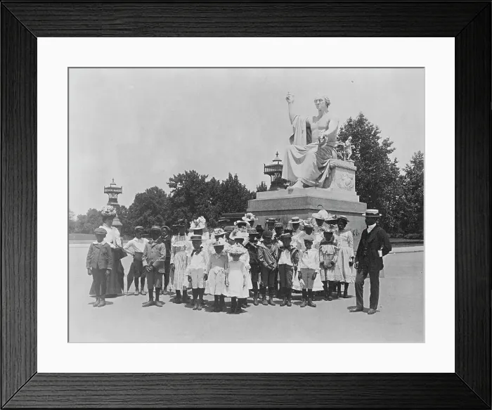 Framed Print : Group of school children in front of statue of George Washington, Washington, D.C. (1899?). Creator: Frances Benjamin Johnston Framed Print : Group of school children in front of statue of George Washington, Washington, D.C. (1899?). Creator: Frances Benjamin Johnston