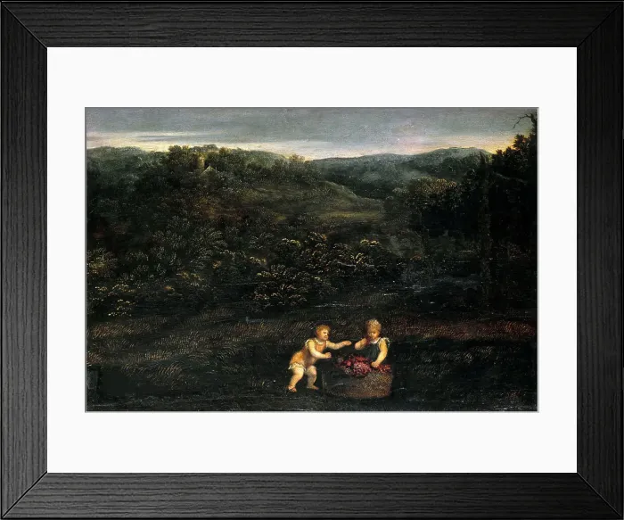Framed Print : Landscape with two children and a basket of grapes, c. 1550. Creator: Bordone, Paris (1500-1571) Framed Print : Landscape with two children and a basket of grapes, c. 1550. Creator: Bordone, Paris (1500-1571)