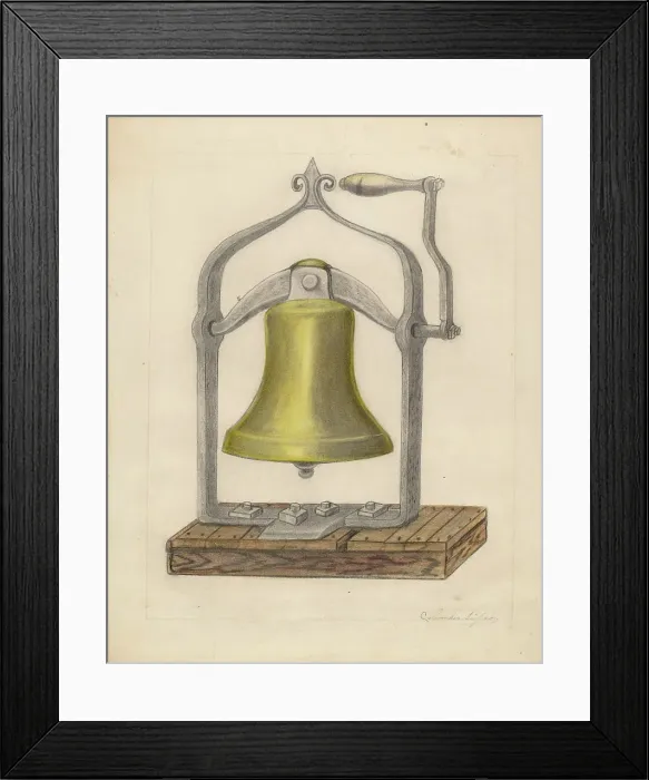 Framed Print : Portable Brass Hand Bell, c. 1936. Creator: Columbus Simpson Framed Print : Portable Brass Hand Bell, c. 1936. Creator: Columbus Simpson