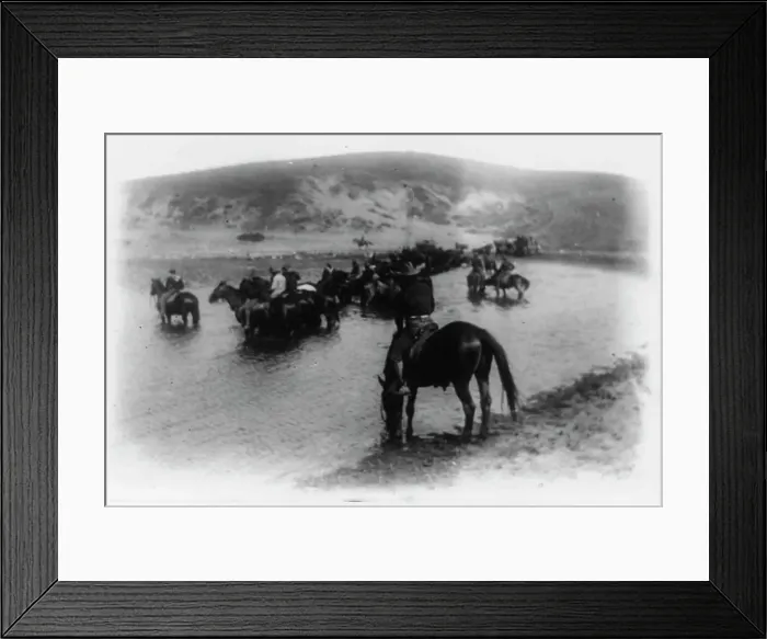 Framed Print : Rough riders on horseback in water at Montauk Point, 1898. Creator: Frances Benjamin Johnston Framed Print : Rough riders on horseback in water at Montauk Point, 1898. Creator: Frances Benjamin Johnston