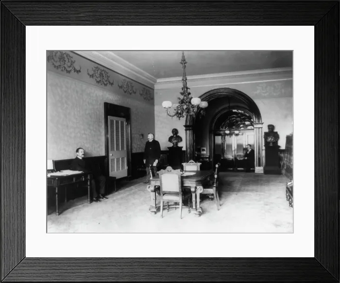 Framed Print : The office lobby in the White House, between 1889 and 1906. Creator: Frances Benjamin Johnston Framed Print : The office lobby in the White House, between 1889 and 1906. Creator: Frances Benjamin Johnston