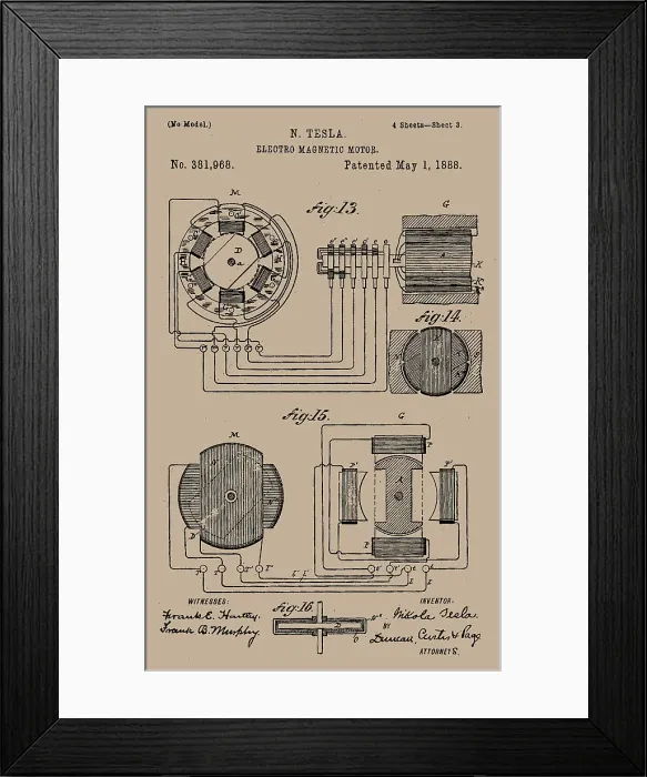 Framed Print : Tesla's Electro-magnetic motor patent. Creator: Historic Object Framed Print : Tesla's Electro-magnetic motor patent. Creator: Historic Object