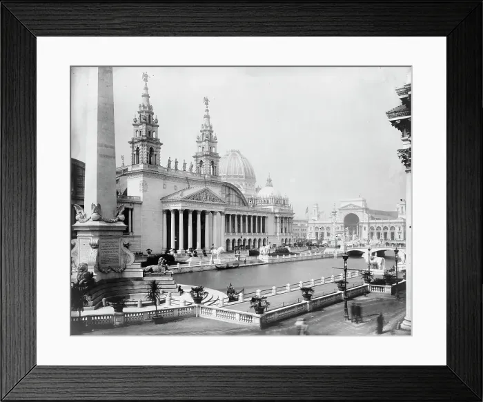 Framed Print : Palace of Mechanic Arts and lagoon at the World's Columbian Exposition, Chicago, Illinois, 1892. Creator: Frances Benjamin Johnston Framed Print : Palace of Mechanic Arts and lagoon at the World's Columbian Exposition, Chicago, Illinois, 1892. Creator: Frances Benjamin Johnston