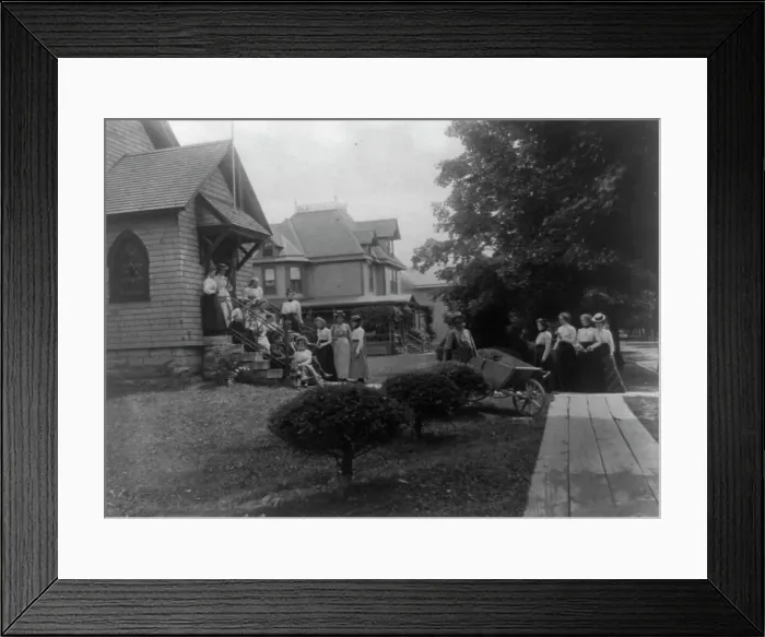 Framed Print : Group of women and a few boys outside Roycroft shop, East Aurora, N.Y. 1900. Creator: Frances Benjamin Johnston Framed Print : Group of women and a few boys outside Roycroft shop, East Aurora, N.Y. 1900. Creator: Frances Benjamin Johnston