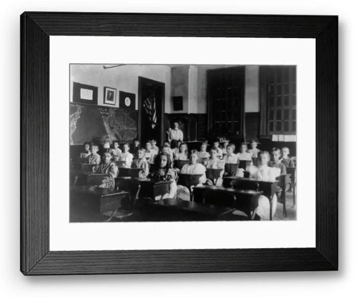 Framed Print : Grade school children posed in classroom, with teacher standing in back... Washington DC, (1899?). Creator: Frances Benjamin Johnston Framed Print : Grade school children posed in classroom, with teacher standing in back... Washington DC, (1899?). Creator: Frances Benjamin Johnston