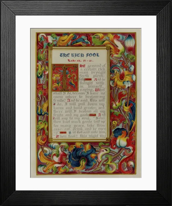 Framed Print : Illuminated Parable: The Rich Fool, c. 1936. Creators: Robert Stewart, James Gross Framed Print : Illuminated Parable: The Rich Fool, c. 1936. Creators: Robert Stewart, James Gross