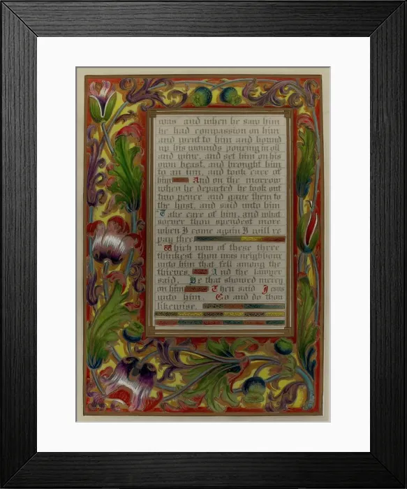 Framed Print : Illuminated Parable: Man Among Thieves, c. 1936. Creators: Robert Stewart, James Gross Framed Print : Illuminated Parable: Man Among Thieves, c. 1936. Creators: Robert Stewart, James Gross