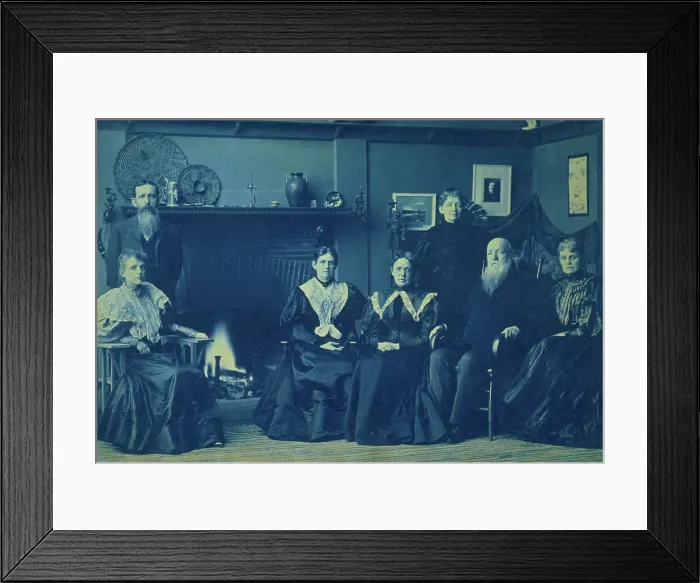 Framed Print : Frances Benjamin Johnston posed with six members of her family, by fireplace, in her Wash... 1896. Creator: Frances Benjamin Johnston Framed Print : Frances Benjamin Johnston posed with six members of her family, by fireplace, in her Wash... 1896. Creator: Frances Benjamin Johnston