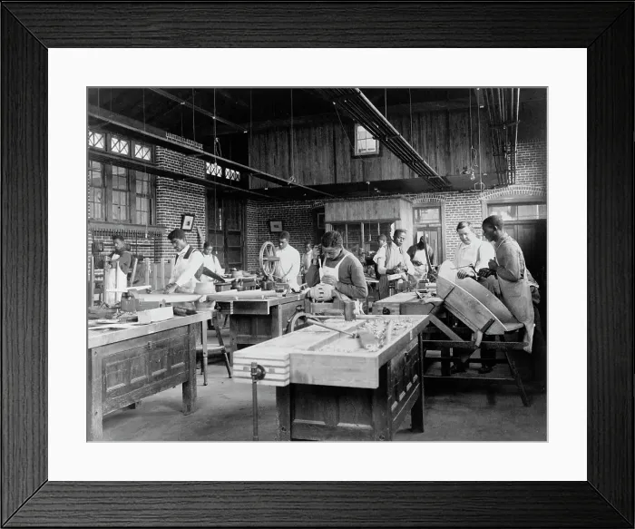Framed Print : Young men training in wheel wrighting at Hampton Institute, Hampton, Virginia, 1899 or 1900. Creator: Frances Benjamin Johnston Framed Print : Young men training in wheel wrighting at Hampton Institute, Hampton, Virginia, 1899 or 1900. Creator: Frances Benjamin Johnston