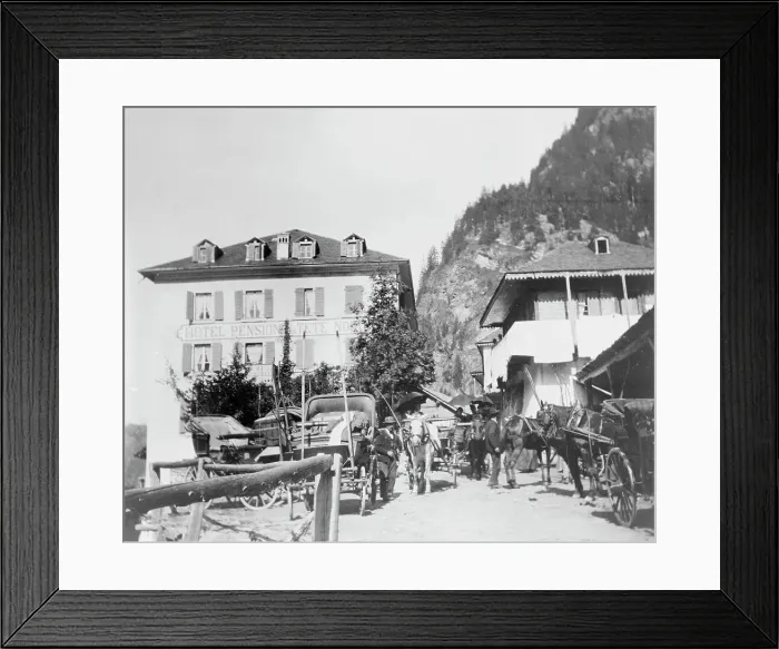 Framed Print : Hotel Pension de la Tete Noire, somewhere in Europe, with horses and carriages... c1900. Creator: Frances Benjamin Johnston Framed Print : Hotel Pension de la Tete Noire, somewhere in Europe, with horses and carriages... c1900. Creator: Frances Benjamin Johnston