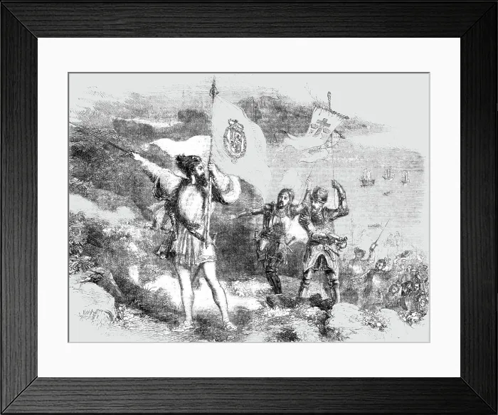 Framed Print : Columbus taking possession of the Island of St Salvador; Columbus and his Discoveries 1492, 1854. Creator: Unknown Framed Print : Columbus taking possession of the Island of St Salvador; Columbus and his Discoveries 1492, 1854. Creator: Unknown