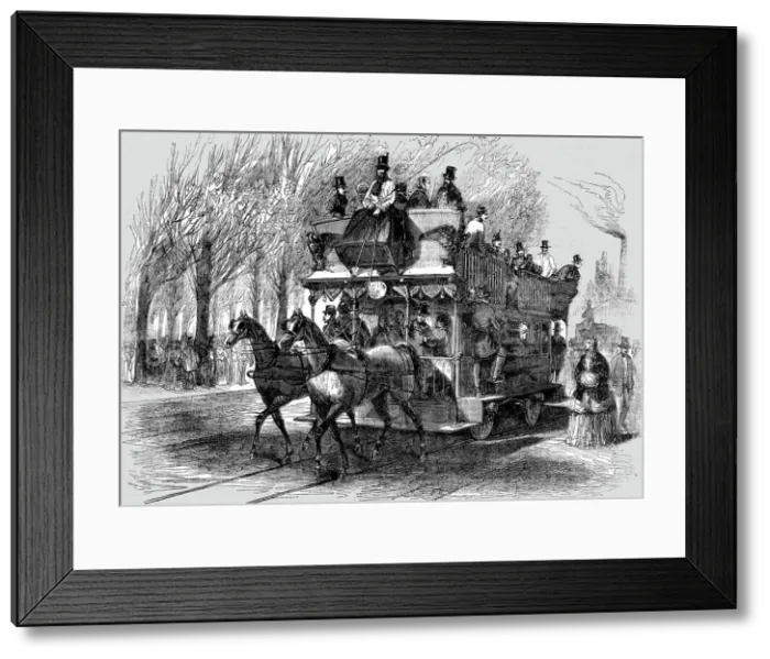Framed Print : Railway Omnibus on the Cours la Reine, Paris; Railways upon ordinary roads, 1854. Creator: Unknown Framed Print : Railway Omnibus on the Cours la Reine, Paris; Railways upon ordinary roads, 1854. Creator: Unknown