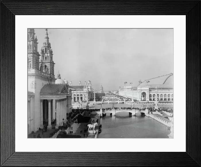 Framed Print : Bird's-eye view of exposition grounds, with canal in foreground, World's Columbian Expo... 1893. Creator: Frances Benjamin Johnston Framed Print : Bird's-eye view of exposition grounds, with canal in foreground, World's Columbian Expo... 1893. Creator: Frances Benjamin Johnston