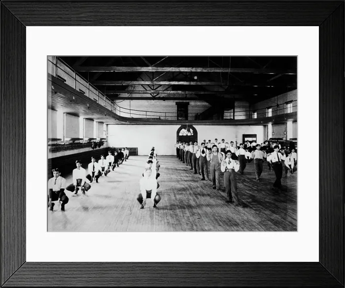 Framed Print : Male Native American students in physical education class, Carlisle... Pennsylvania, c1901 - 1903. Creator: Frances Benjamin Johnston Framed Print : Male Native American students in physical education class, Carlisle... Pennsylvania, c1901 - 1903. Creator: Frances Benjamin Johnston