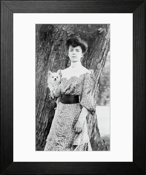 Framed Print : Alice Roosevelt Longworth, three-quarter length portrait, standing in front of tree...dog, c1902. Creator: Frances Benjamin Johnston Framed Print : Alice Roosevelt Longworth, three-quarter length portrait, standing in front of tree...dog, c1902. Creator: Frances Benjamin Johnston