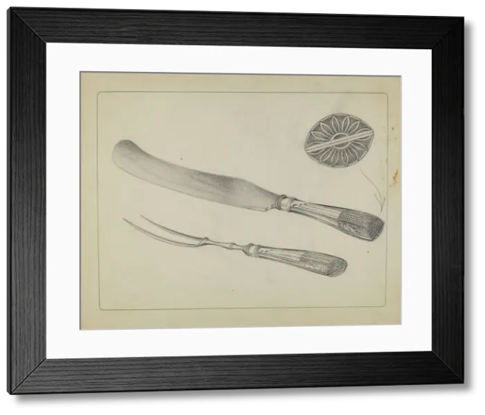 Framed Print : Silver Knife and Fork, c. 1935. Creator: A. Zimet Framed Print : Silver Knife and Fork, c. 1935. Creator: A. Zimet