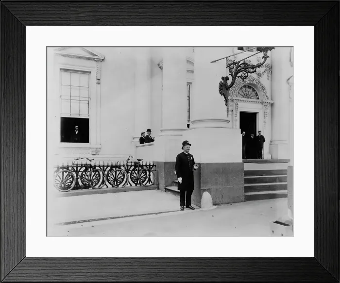 Framed Print : Policeman standing guard at entrance to White House, between 1889 and 1906. Creator: Frances Benjamin Johnston Framed Print : Policeman standing guard at entrance to White House, between 1889 and 1906. Creator: Frances Benjamin Johnston