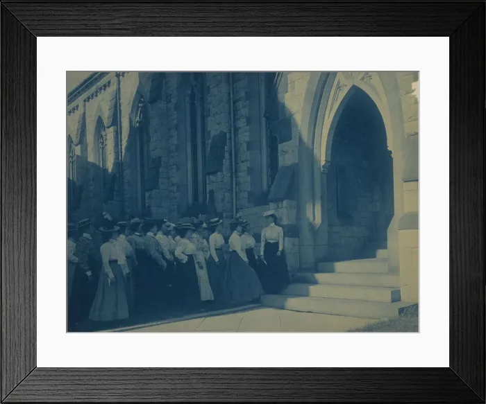 Framed Print : Group of young women at entrance of church, (1899?). Creator: Frances Benjamin Johnston Framed Print : Group of young women at entrance of church, (1899?). Creator: Frances Benjamin Johnston
