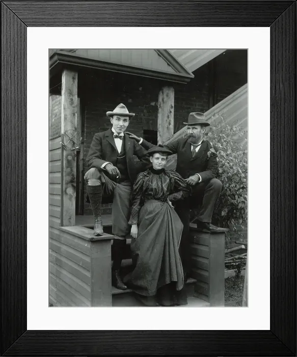 Framed Print : Frances Benjamin Johnston (front), with Mills Thompson (left) and Frank Phister...c1885 - 1900. Creator: Frances Benjamin Johnston Framed Print : Frances Benjamin Johnston (front), with Mills Thompson (left) and Frank Phister...c1885 - 1900. Creator: Frances Benjamin Johnston