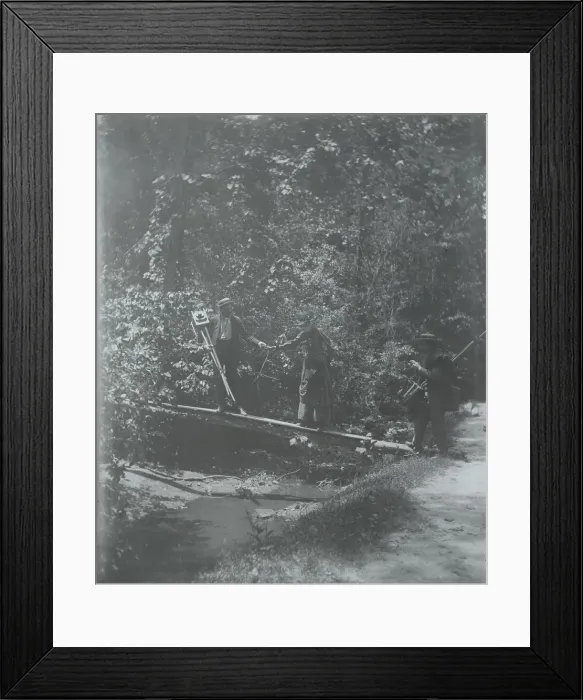 Framed Print : Group crossing footbridge with cameras, between 1885 and 1900. Creator: Frances Benjamin Johnston Framed Print : Group crossing footbridge with cameras, between 1885 and 1900. Creator: Frances Benjamin Johnston