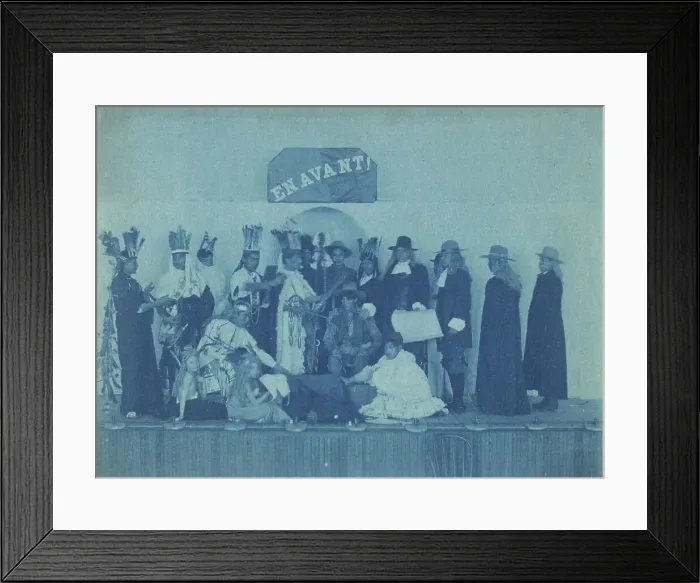 Framed Print : Pageant participants costumed as Pilgrims and Natives, posed beneath a banner En... c1880 - 1900. Creator: Frances Benjamin Johnston. Pageant participants costumed as Pilgrims and Natives, posed beneath a banner En... c1880 - 1900 Framed Print : Pageant participants costumed as Pilgrims and Natives, posed beneath a banner En... c1880 - 1900. Creator: Frances Benjamin Johnston. Pageant participants costumed as Pilgrims and Natives, posed beneath a banner En... c1880 - 1900