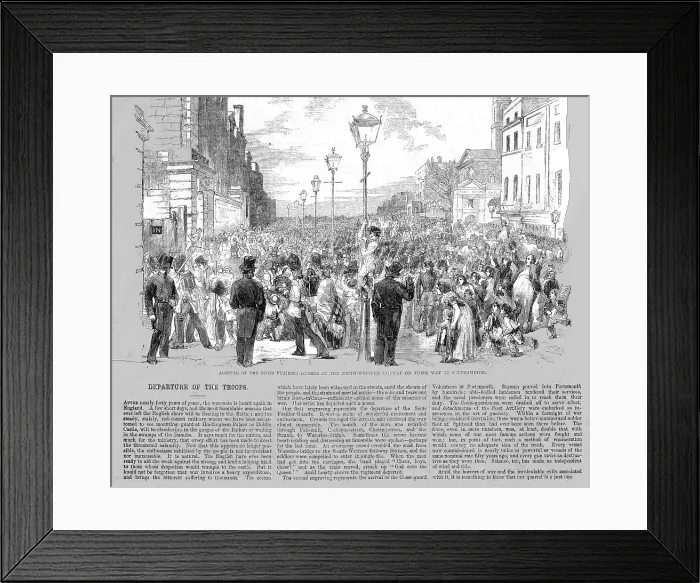 Framed Print : Arrival of the Scots Fusilier Guards at the South-Western Railway, 1854 Creator: Unknown Framed Print : Arrival of the Scots Fusilier Guards at the South-Western Railway, 1854 Creator: Unknown