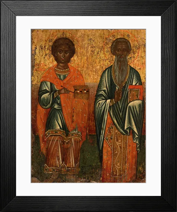 Framed Print : Saint Panteleon and Saint Hermolaos, 1647. Creator: Greek School Framed Print : Saint Panteleon and Saint Hermolaos, 1647. Creator: Greek School