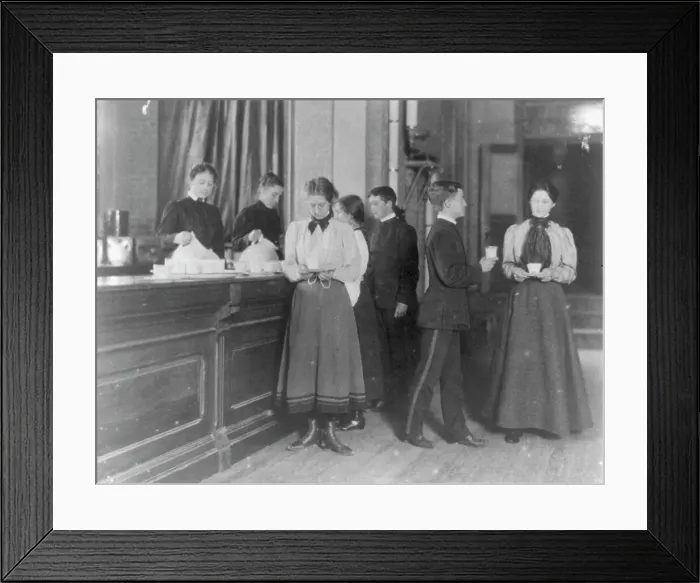 Framed Print : Students getting beverages from a counter, Western High School, Washington, D.C. (1899?). Creator: Frances Benjamin Johnston Framed Print : Students getting beverages from a counter, Western High School, Washington, D.C. (1899?). Creator: Frances Benjamin Johnston