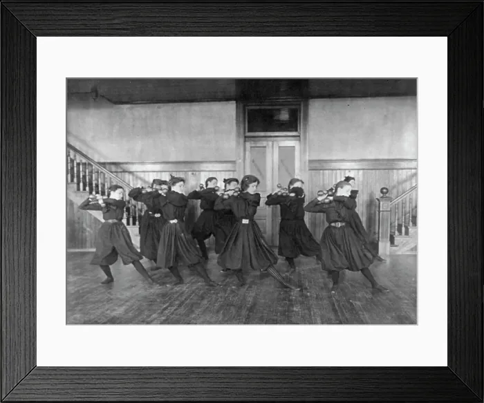 Framed Print : Female students exercising with dumbbells, Western High School, Washington, D.C. (1899?). Creator: Frances Benjamin Johnston Framed Print : Female students exercising with dumbbells, Western High School, Washington, D.C. (1899?). Creator: Frances Benjamin Johnston