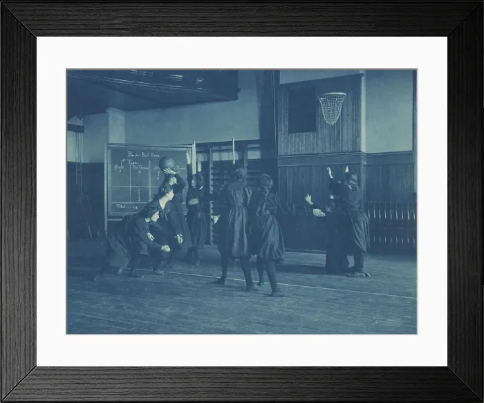 Framed Print : Female students playing basketball, Western High School, Washington, D.C. (1899?). Creator: Frances Benjamin Johnston Framed Print : Female students playing basketball, Western High School, Washington, D.C. (1899?). Creator: Frances Benjamin Johnston