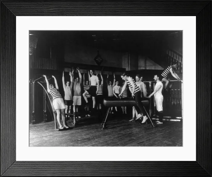 Framed Print : Male students exercising, some with equipment, Western High School, Washington, D.C. (1899?). Creator: Frances Benjamin Johnston Framed Print : Male students exercising, some with equipment, Western High School, Washington, D.C. (1899?). Creator: Frances Benjamin Johnston
