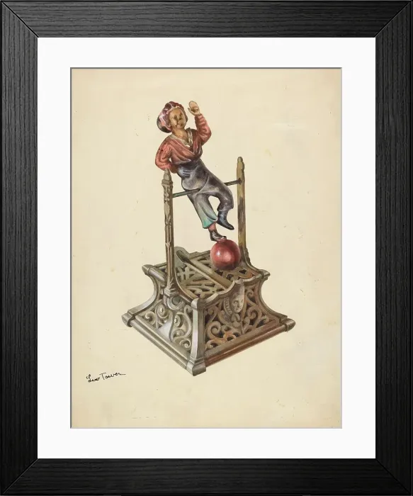 Framed Print : Metal Toy Bank: Boy on Bar, c. 1937. Creator: Lew Tower Framed Print : Metal Toy Bank: Boy on Bar, c. 1937. Creator: Lew Tower