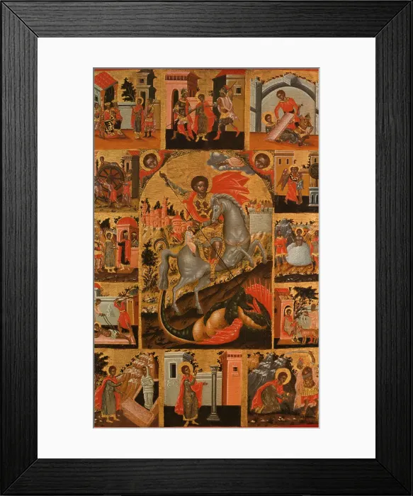 Framed Print : Saint George slaying the dragon and scenes from his life, between 1700 and 1750. Creator: Cretan School Framed Print : Saint George slaying the dragon and scenes from his life, between 1700 and 1750. Creator: Cretan School