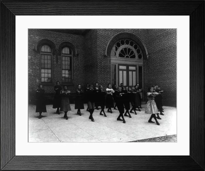 Framed Print : Calisthenics or dance class, outdoors, 3rd Division, (1899?). Creator: Frances Benjamin Johnston Framed Print : Calisthenics or dance class, outdoors, 3rd Division, (1899?). Creator: Frances Benjamin Johnston