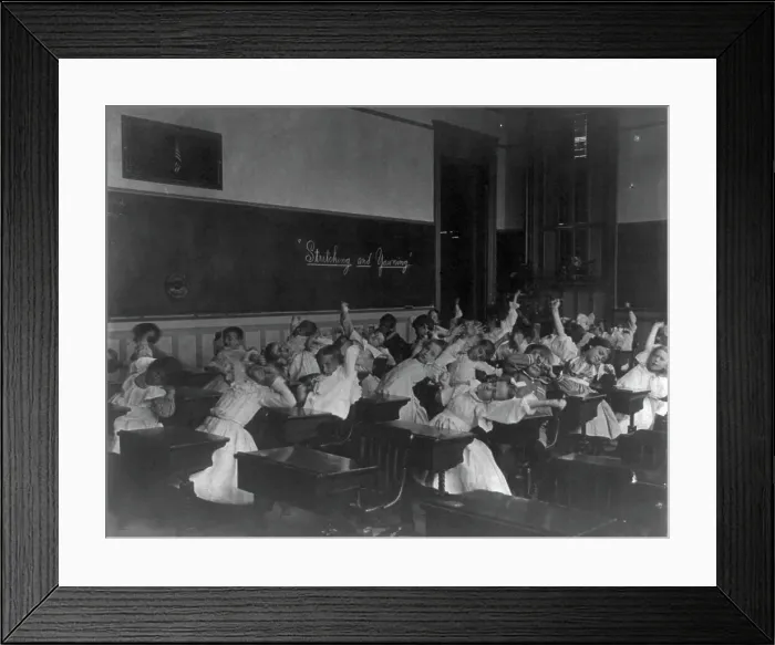 Framed Print : Classroom scenes in Washington, D.C. public schools - stretching and yawning exercise... (1899?). Creator: Frances Benjamin Johnston Framed Print : Classroom scenes in Washington, D.C. public schools - stretching and yawning exercise... (1899?). Creator: Frances Benjamin Johnston