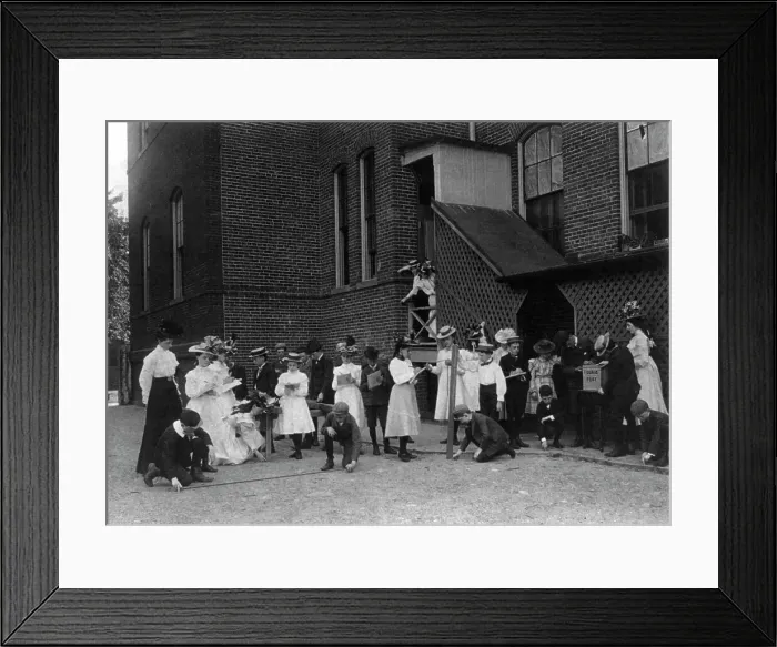 Framed Print : Grade school students of the Fifth Division studying measuring in front... Washington DC, (1899?). Creator: Frances Benjamin Johnston Framed Print : Grade school students of the Fifth Division studying measuring in front... Washington DC, (1899?). Creator: Frances Benjamin Johnston