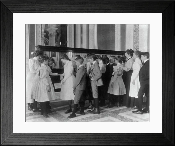 Framed Print : Washington, D.C. public schools - museum field trip - viewing exhibit case of George Wa... (1899?). Creator: Frances Benjamin Johnston Framed Print : Washington, D.C. public schools - museum field trip - viewing exhibit case of George Wa... (1899?). Creator: Frances Benjamin Johnston