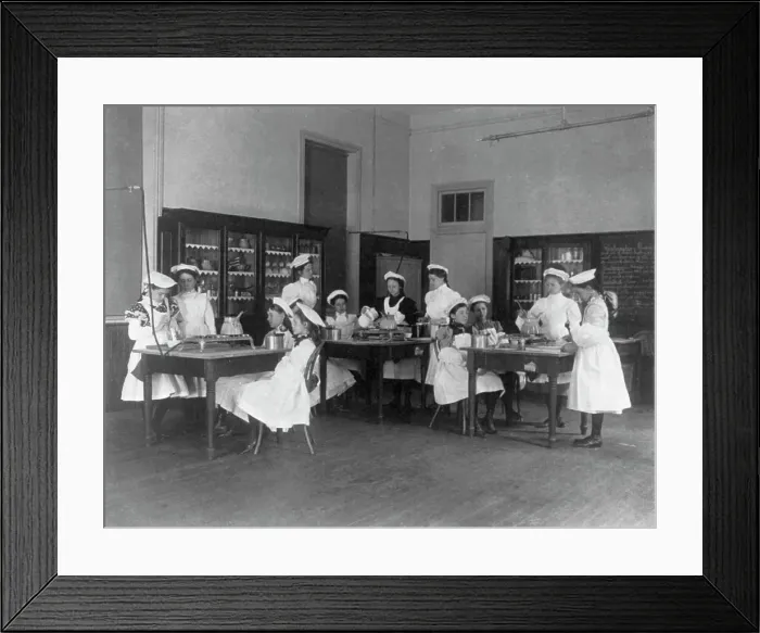 Framed Print : Classroom scene in Washington, D.C. elementary school - cooking class, (1899?). Creator: Frances Benjamin Johnston Framed Print : Classroom scene in Washington, D.C. elementary school - cooking class, (1899?). Creator: Frances Benjamin Johnston
