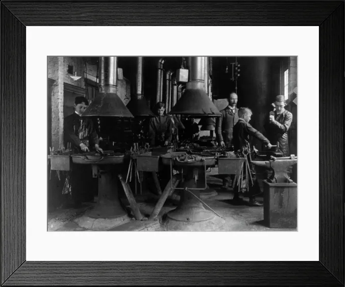 Framed Print : Metal shop (blacksmithing) class in a Washington, D.C. high school, (1899?). Creator: Frances Benjamin Johnston Framed Print : Metal shop (blacksmithing) class in a Washington, D.C. high school, (1899?). Creator: Frances Benjamin Johnston