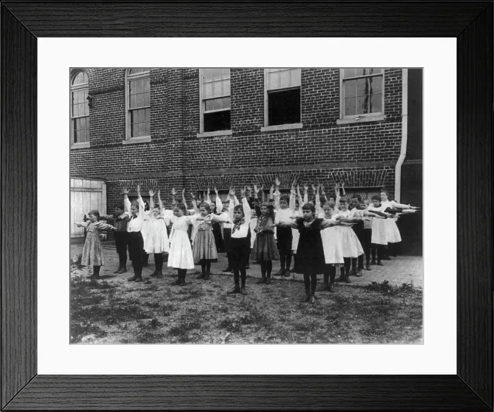 Framed Print : Grade school, Washington, D.C. - outdoor exercise class, (1899?). Creator: Frances Benjamin Johnston Framed Print : Grade school, Washington, D.C. - outdoor exercise class, (1899?). Creator: Frances Benjamin Johnston