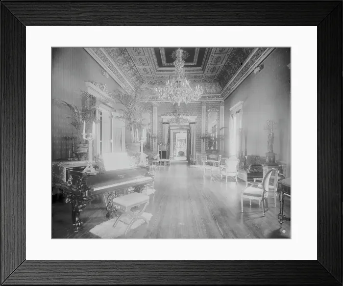 Framed Print : Interior view of a large hall with piano, chairs, small tables, and... Washington, DC, c1890 - 1910 Creator: Frances Benjamin Johnston Framed Print : Interior view of a large hall with piano, chairs, small tables, and... Washington, DC, c1890 - 1910 Creator: Frances Benjamin Johnston