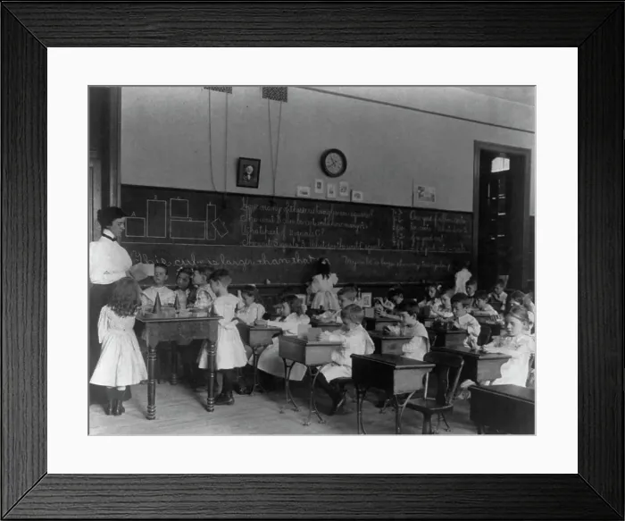 Framed Print : Small children studying geometry in a classroom in Washington, D.C. (1899?). Creator: Frances Benjamin Johnston Framed Print : Small children studying geometry in a classroom in Washington, D.C. (1899?). Creator: Frances Benjamin Johnston