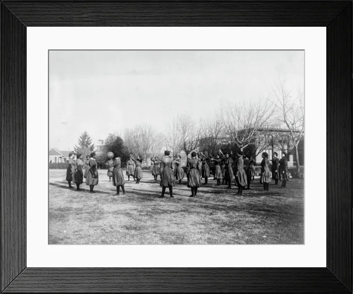 Framed Print : Indian and black girls exercising with medicine ball, Hampton Institute, 1899 or 1900. Creator: Frances Benjamin Johnston Framed Print : Indian and black girls exercising with medicine ball, Hampton Institute, 1899 or 1900. Creator: Frances Benjamin Johnston