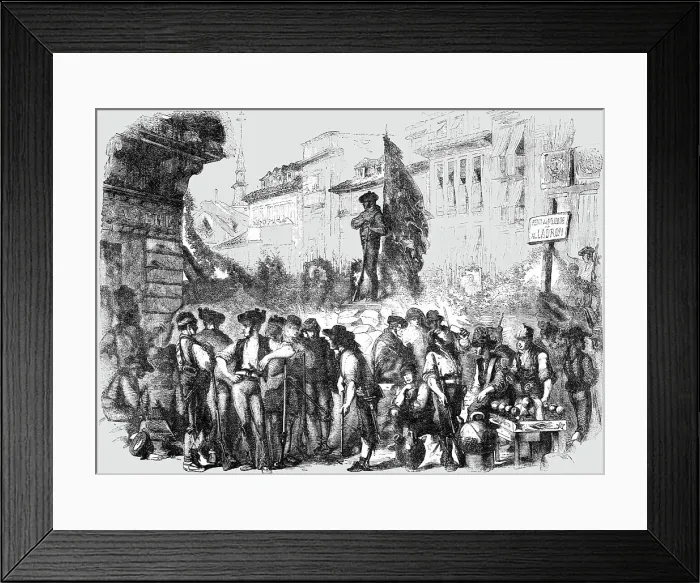 Framed Print : Scene at a Barricade during the recent Spanish Insurrection, 1854. Creator: Unknown Framed Print : Scene at a Barricade during the recent Spanish Insurrection, 1854. Creator: Unknown