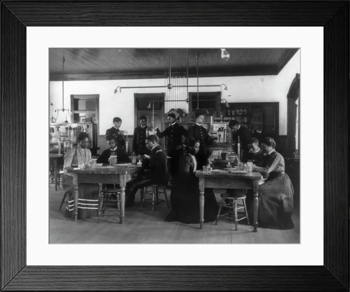 Framed Print : Chemistry classroom at Hampton Institute - African American male and female students, 1899 or 1900. Creator: Frances Benjamin Johnston Framed Print : Chemistry classroom at Hampton Institute - African American male and female students, 1899 or 1900. Creator: Frances Benjamin Johnston